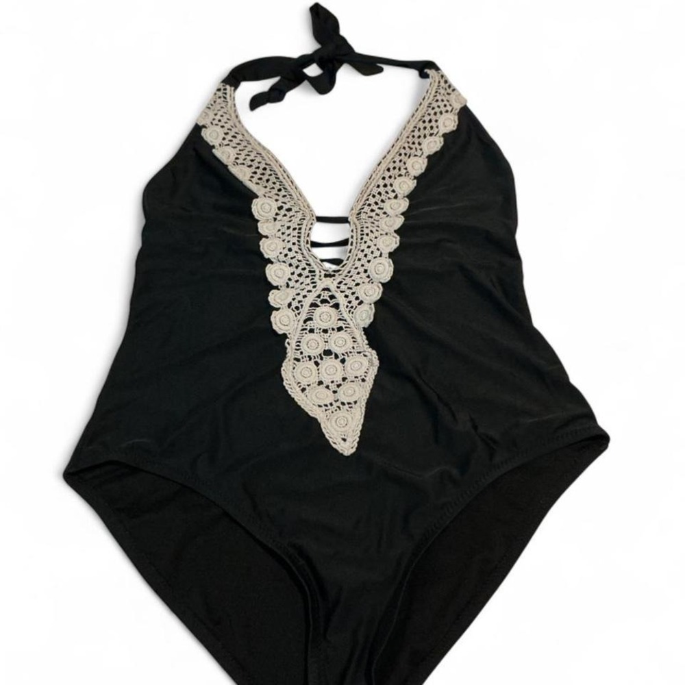 Kona‎ Sol One Piece Swimsuit Women Large Black Crochet Halter V-Neck